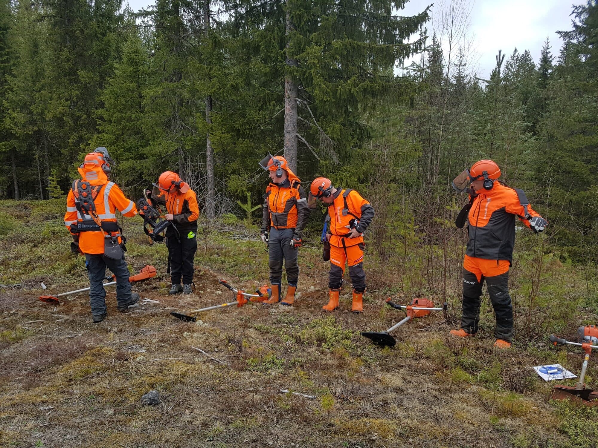 Kursdeltagare i skyddsutrustning under röjsågskurs
